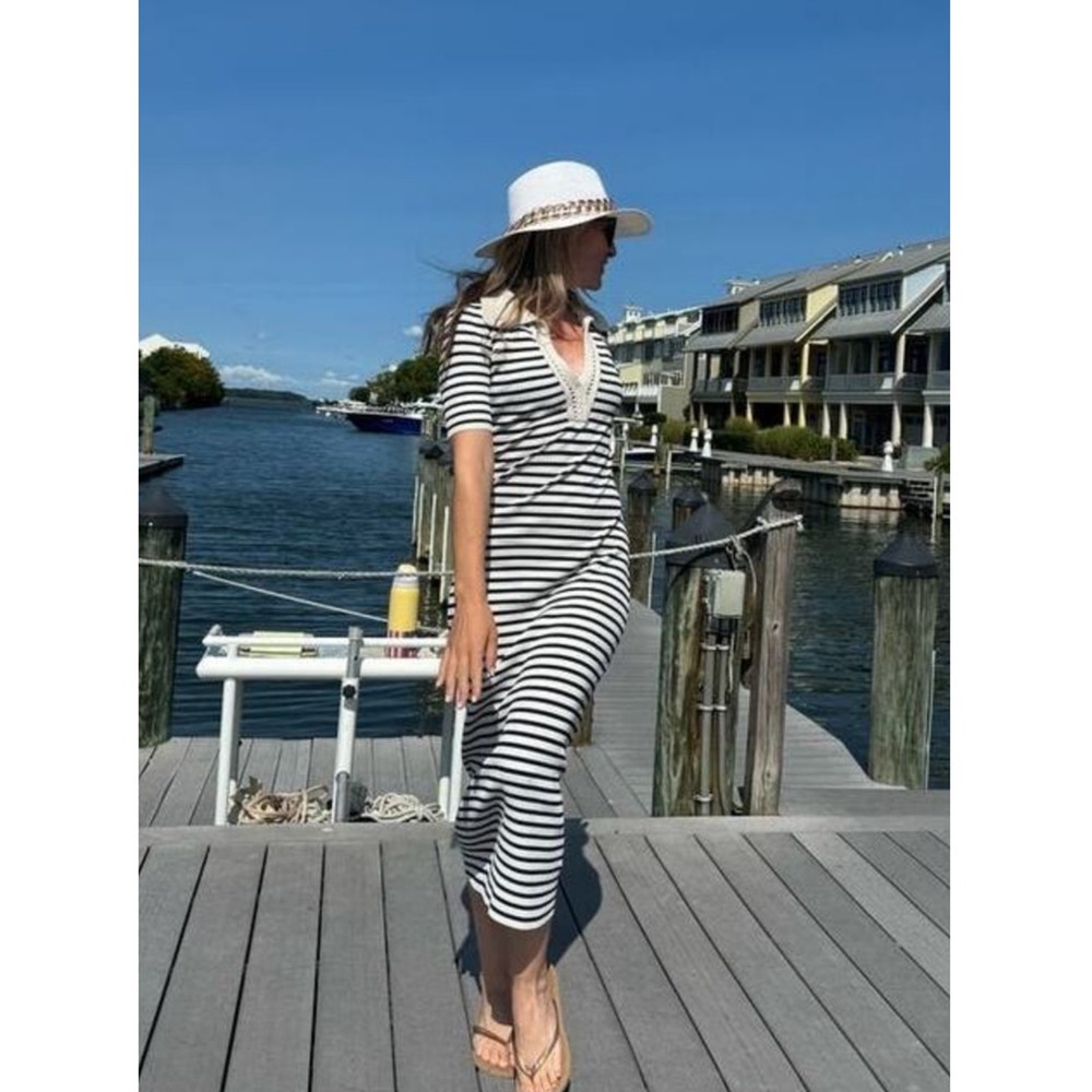 A.L.C. Black White Stripe Knit Collared Polo Striped Midi Darcy Dress Size XS - Picture 2 of 12